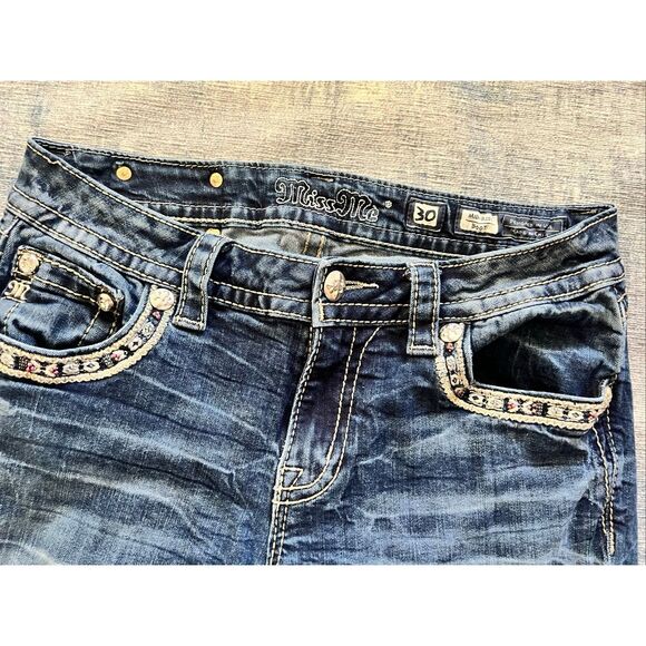 Miss Me Beaded Embroidered Rhinestone Mid Rise Boot Cut Jeans 30" - Picture 3 of 6